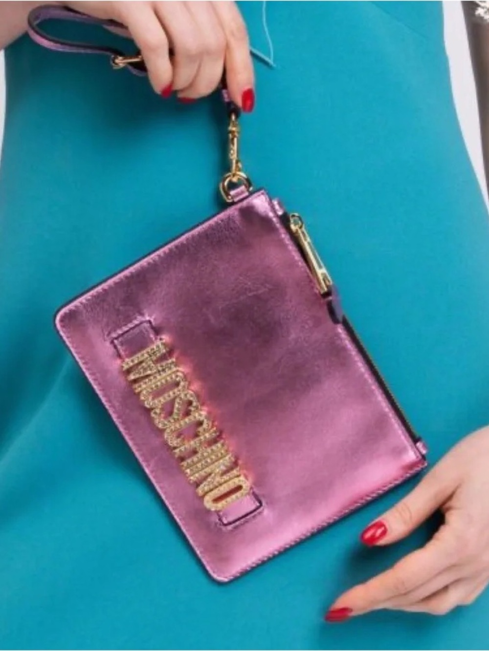 Moschino Logo-Plaque Metallic Leather Clutch